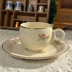 Vintage Homer Laughlin Eggshell Pink Rose Demitasse & Saucer Set; 1940s